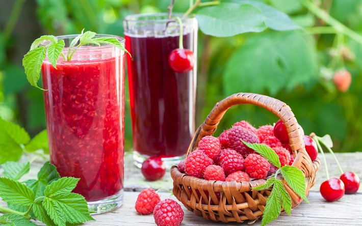 raspberry juice, Cherry juice, raspberry smoothie, berries, glass of juice, raspberries