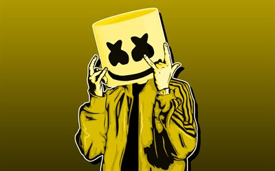 DJ Marshmello, 4k, yellow background, american DJ, minimal, Christopher Comstock, superstars, Marshmello, creative, Marshmello 4K, DJs, Marshmello minimalism