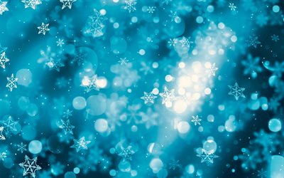 blue snowflakes background, glare, blue winter background, white snowflakes, winter backgrounds