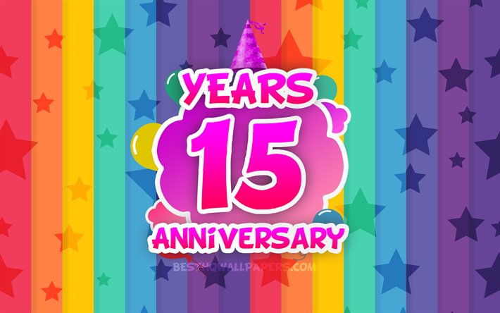 4k, 15 Years Anniversary, colorful clouds, Anniversary concept, rainbow background, 15th anniversary sign, creative 3D letters, 15th anniversary