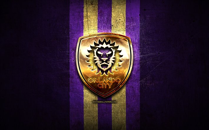 Orlando City SC, kultainen logo, MLS, violetti metalli tausta, american soccer club, Orlando City FC, United Soccer League, Orlando City logo, jalkapallo, USA