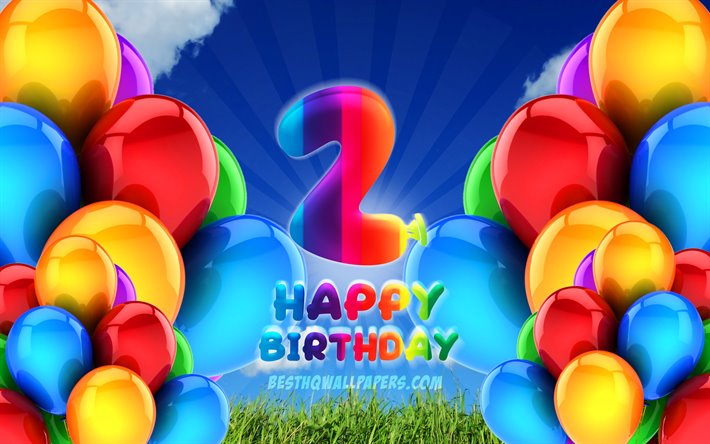 4k, 嬉しい2歳の誕生日, 曇天の背景, 誕生パーティー, カラフルなballons, 作品, 2歳の誕生日, 誕生日プ, 第2お誕生会