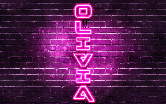 4K, Olivia, le texte vertical, Olivia nom, fonds d&#39;&#233;cran avec des noms, des noms de femmes, de violet, de n&#233;ons, de l&#39;image avec le nom Olivia