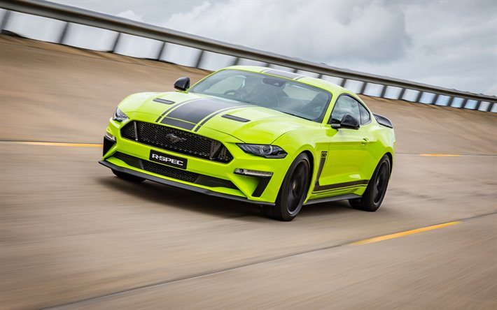 2020, Ford Mustang R-Spec, vista frontale, verde sport coupe tuning Mustang, verde, supercar, americano, sport auto, Ford