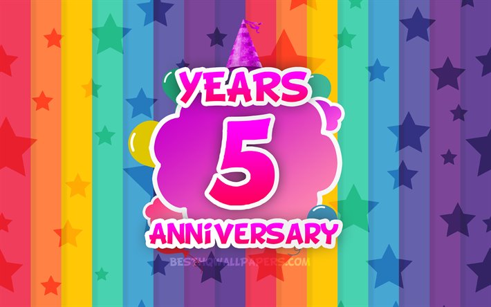 4k, 5 Years Anniversary, colorful clouds, Anniversary concept, rainbow background, 5th anniversary sign, creative 3D letters, 5th anniversary