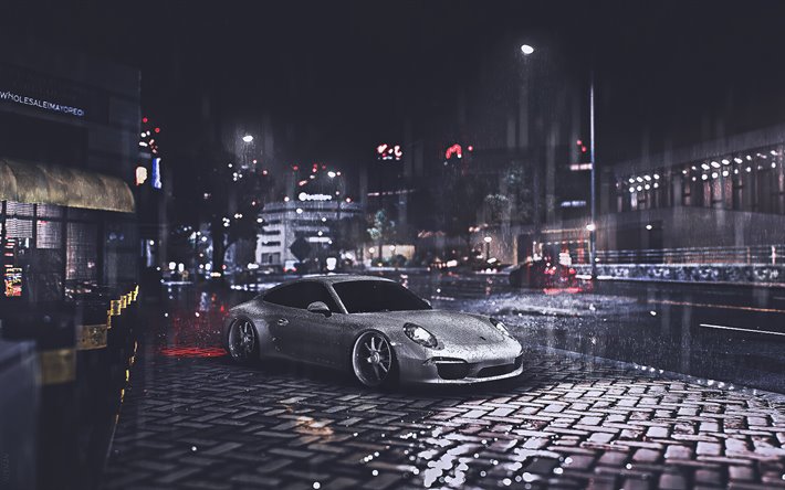 Porsche 911 Turbo S, 4k, tuning, rain, 2019 cars, street, Gray Porsche 911, german cars, Porsche