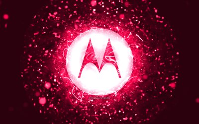 Motorola pink logo, 4k, pink neon lights, creative, pink abstract background, Motorola logo, brands, Motorola
