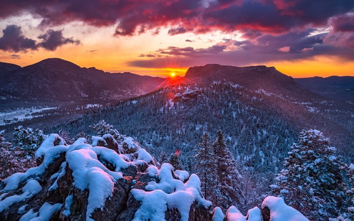 Montagnes Rocheuses, soir, coucher de soleil, hiver, paysage de montagne, Rocky Mountain National Park, neige, montagnes, Colorado, USA