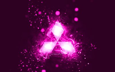 三菱パープルロゴ, 4k, 紫のネオンライト, creative クリエイティブ, 紫の抽象的な背景, 三菱ロゴ, 車のブランド, 三菱