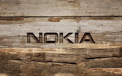 Logotipo da Nokia em madeira, 4K, planos de fundo em madeira, marcas, logotipo da Nokia, criativo, escultura em madeira, Nokia