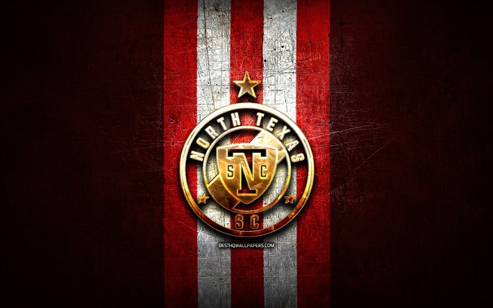 North Texas FC, golden logo, USL League One, red metal background, american soccer club, North Texas FC logo, soccer, FC North Texas