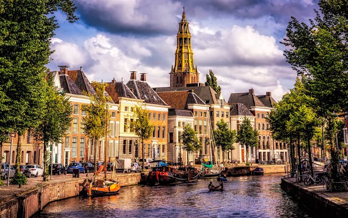 Groningen, kanal, yelkenli tekneler, Groningen sokakları, şehir Groningen, Hollanda şehirleri, Hollanda