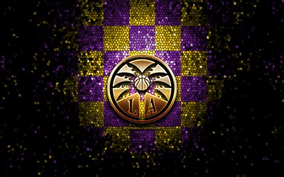Los Angeles Sparks, glitter logo, WNBA, yellow violet checkered background, basketball, american basketball team, Los Angeles Sparks logo, mosaic art