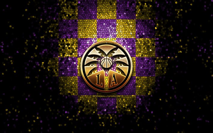Los Angeles Sparks, glitter logo, WNBA, yellow violet checkered background, basketball, american basketball team, Los Angeles Sparks logo, mosaic art