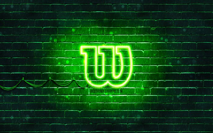 ウィルソングリーンのロゴ, 4k, 緑のレンガの壁, ウィルソンのロゴ, お, ウィルソンネオンロゴ, ウィルソン