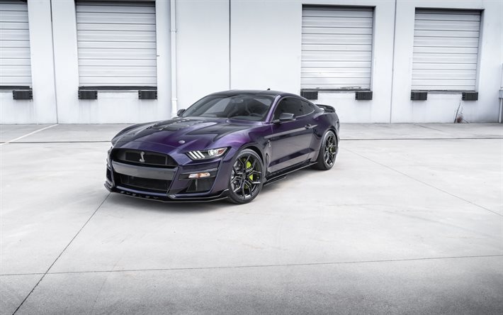 Ford Mustang GT500 Shelby, 2021, vista frontale, esterna, viola coup&#233;, tuning Mustang GT500, viola Mustang GT500, auto sportive Americane, Ford