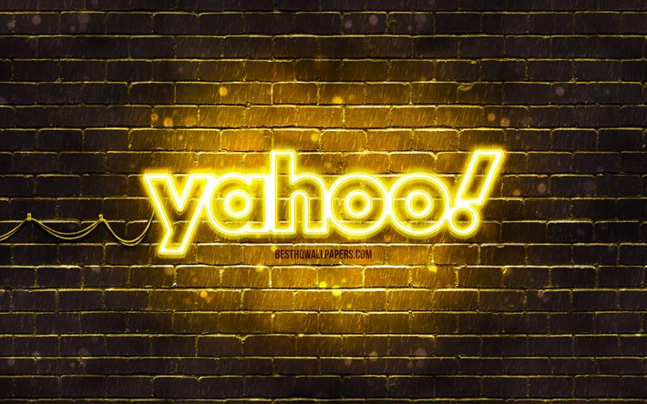 Yahoo sarı logo, 4k, sarı brickwall, Yahoo logosu, markalar, Yahoo neon logo, Yahoo