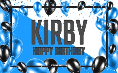 عيد ميلاد سعيد كيربي, عيد ميلاد بالونات الخلفية, كيربي, خلفيات بأسماء, عيد ميلاد البالونات الزرقاء الخلفية, عيد ميلاد كيربي