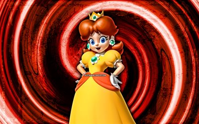 4k, Princess Daisy, turuncu grunge arka plan, girdap, Super Mario, &#231;izgi film prensesi, Super Mario karakterleri, Super Mario Bros, Princess Daisy Super Mario
