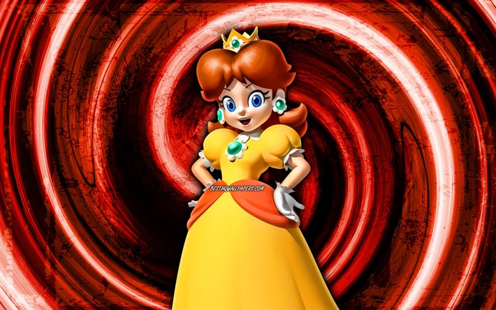 4k, Princess Daisy, oranssi grunge tausta, vortex, Super Mario, sarjakuvaprinsessa, Super Mario -hahmot, Super Mario Bros, Princess Daisy Super Mario