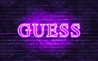 Guess violet logo, 4k, violet brickwall, Guess logo, brands, Guess neon logo, Guess