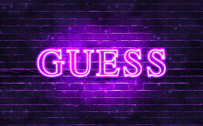 Guess violet logotyp, 4k, violet brickwall, Guess logotyp, varum&#228;rken, Guess neon logotyp, Guess
