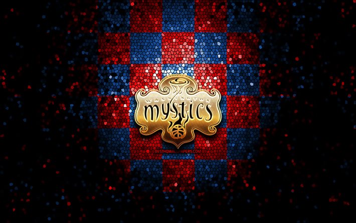 Washington Mystics, glitter logo, WNBA, red blue checkered background, basketball, american basketball team, Dallas Wings logo, mosaic art