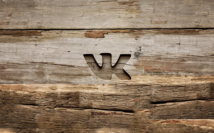 VKontakte wooden logo, 4K, wooden backgrounds, social networks, VKontakte logo, creative, wood carving, VKontakte