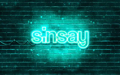 Logo Sinsay turquoise, 4k, mur de briques turquoise, logo Sinsay, marques, logo n&#233;on Sinsay, Sinsay