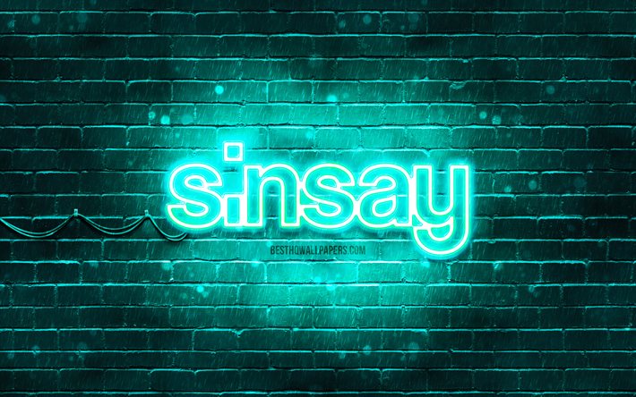Sinsay turchese logo, 4k, muro di mattoni turchese, Sinsay logo, marchi, Sinsay neon logo, Sinsay