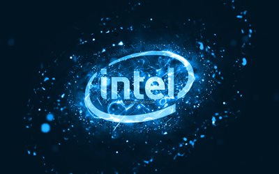 Intel blue logo, 4k, blue neon lights, creative, blue abstract background, Intel logo, brands, Intel