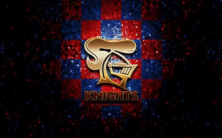 Newcastle Knights, logotipo brilhante, NRL, fundo xadrez azul vermelho, r&#250;gbi, clube de r&#250;gbi australiano, logotipo do Newcastle Knights, arte em mosaico, Liga Nacional de R&#250;gbi