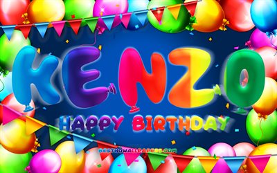 Buon compleanno Kenzo, 4k, cornice di palloncini colorati, nome Kenzo, sfondo blu, Kenzo Happy Birthday, Kenzo Birthday, nomi maschili americani popolari, concetto di compleanno, Kenzo