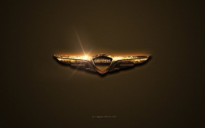 Genesis golden logo, artwork, brown metal background, Genesis emblem, creative, Genesis logo, brands, Genesis