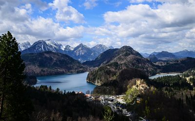 mountain landscape, Alps, mountains, lake, forest, mountain lakes, ancient castle, Bavaria, Germany