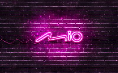 Mio purple logo, 4k, purple brickwall, Mio logo, brands, Mio neon logo, Mio