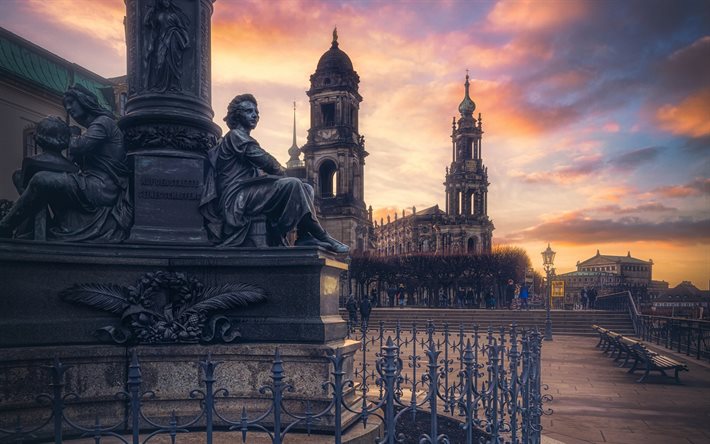 Cath&#233;drale de Dresde, Katholische Hofkirche, Dresde, soir&#233;e, coucher de soleil, sculptures, paysage urbain de Dresde, Allemagne