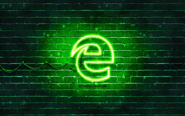 Logotipo verde do Microsoft Edge, 4k, tijolo verde, logotipo do Microsoft Edge, marcas, logotipo de n&#233;on do Microsoft Edge, Microsoft Edge