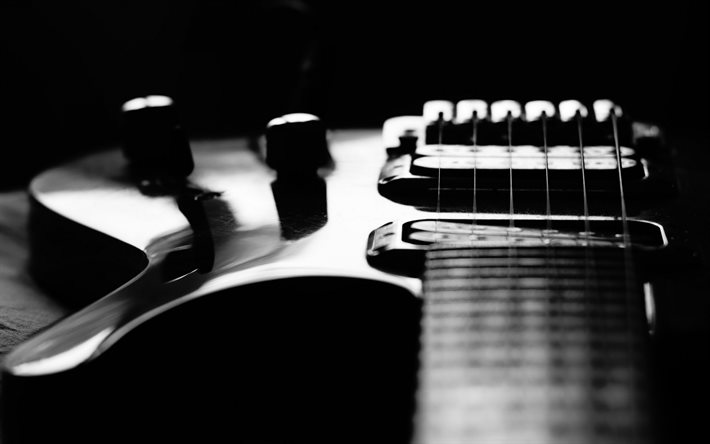 chitarra elettrica, monocromatico, bianco e nero, chitarra, suonare la chitarra, chitarra in sottofondo