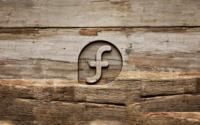 Logotipo do Fedora em madeira, 4K, Linux, fundos de madeira, sistema operacional, logotipo do Fedora, criativo, escultura em madeira, Fedora