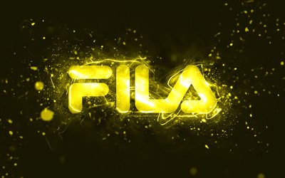 Fila yellow logo, 4k, yellow neon lights, creative, yellow abstract background, Fila logo, brands, Fila