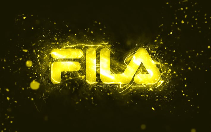 Logo jaune Fila, 4k, n&#233;ons jaunes, cr&#233;atif, fond abstrait jaune, logo Fila, marques, Fila