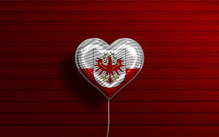 Amo il Tirolo, 4k, palloncini realistici, sfondo di legno rosso, Giorno del Tirolo, stati austriaci, bandiera del Tirolo, Austria, palloncino con bandiera, Stati d&#39;Austria, Tirolo