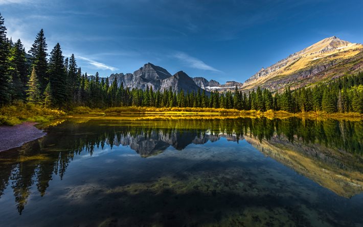 Lago Josephine, sera, tramonto, lago di montagna, montagne rocciose, Glacier National Park, paesaggio di montagna, Montana, USA