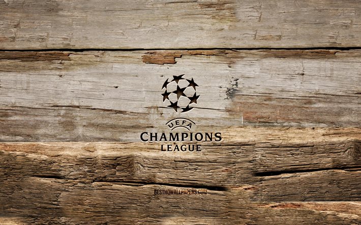 Logo UEFA Champions League in legno, 4K, sfondi in legno, tornei internazionali, logo UEFA Champions League, creativo, sculture in legno, UEFA Champions League