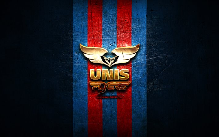 UNIS Flyers, logotipo dourado, BeNe League, fundo de metal azul, time holand&#234;s de h&#243;quei, logotipo UNIS Flyers, h&#243;quei