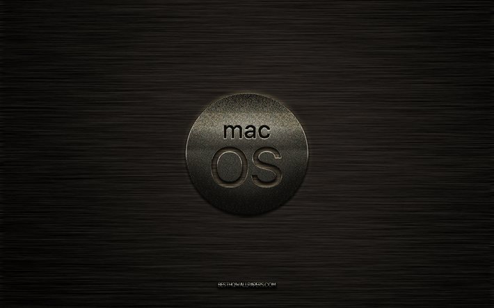 MacOSメタルロゴ, 金属の背景, MacOSエンブレム, MacOSのスタイリッシュなロゴ, Mac OS, クリエイティブアート, MacOSロゴ