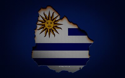 Uruguay map, 4k, South American countries, Uruguayan flag, blue carbon background, Uruguay map silhouette, Uruguay flag, South America, Uruguayan map, Uruguay, flag of Uruguay