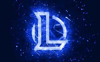 League of Legends logo bleu foncé, 4k, LoL, néons bleu foncé, créatif, fond abstrait bleu foncé, logo League of Legends, logo LoL, jeux en ligne, League of Legends