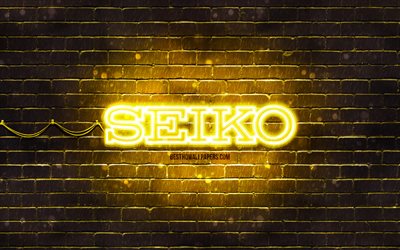 Seiko yellow logo, 4k, yellow brickwall, Seiko logo, brands, Seiko neon logo, Seiko